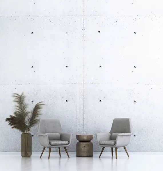 リビングルームのモダンなインテリアデザインコンセプトと コンクリートパターンウォールの背景にあるホワイトアブステクトアート 3Dレンダリング ストック写真