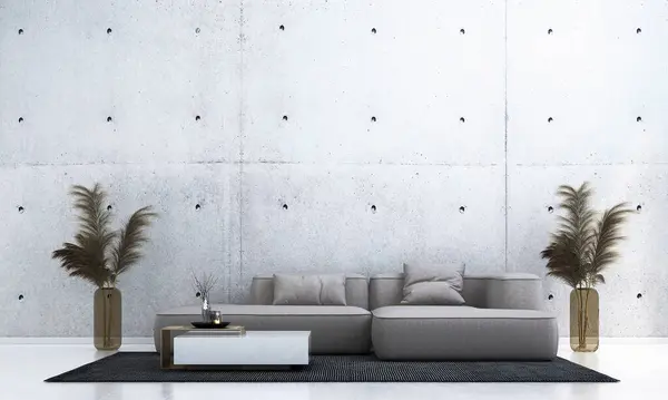 リビングルームのモダンなインテリアデザインコンセプトと コンクリートパターンウォールの背景にあるホワイトアブステクトアート 3Dレンダリング ストック画像