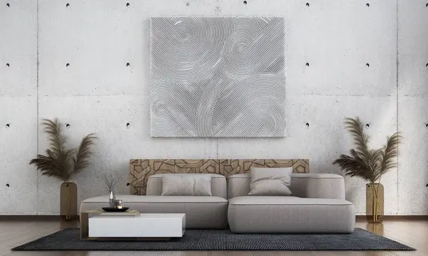 リビングルームのモダンなインテリアデザインコンセプトと コンクリートパターンウォールの背景にあるホワイトアブステクトアート 3Dレンダリング ロイヤリティフリーのストック写真
