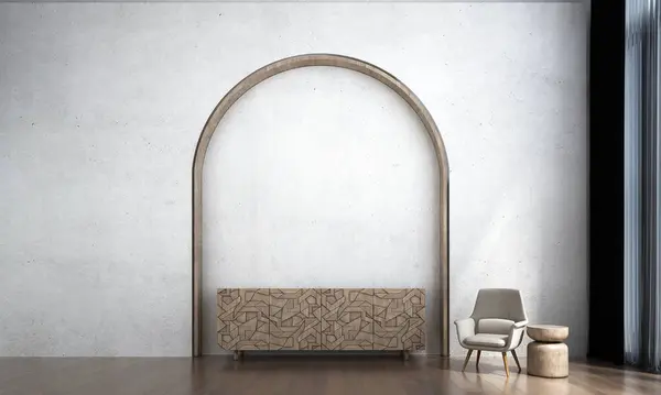 アーチパターンとコンクリート壁の背景にリビングルームと木製キャビネットのモダンなインテリアデザインコンセプト ストック画像