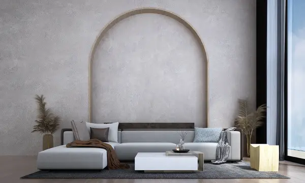 空のアーチコンクリート壁の背景に居心地の良いソファー付きのリビングルームのモダンなミニマルインテリア 3Dレンダリング ロイヤリティフリーのストック写真