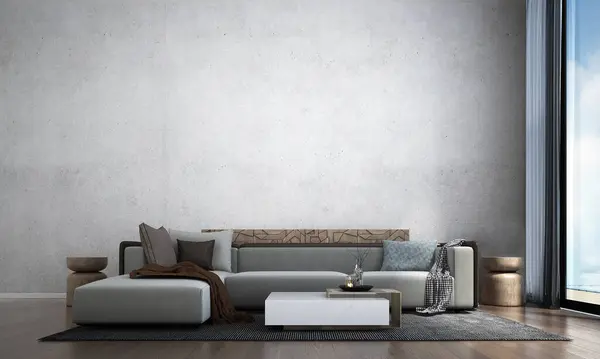 空白のコンクリートの壁の背景に居心地の良いソファー付きのリビングルームのモダンなミニマルなインテリア 3Dレンダリング ストックフォト