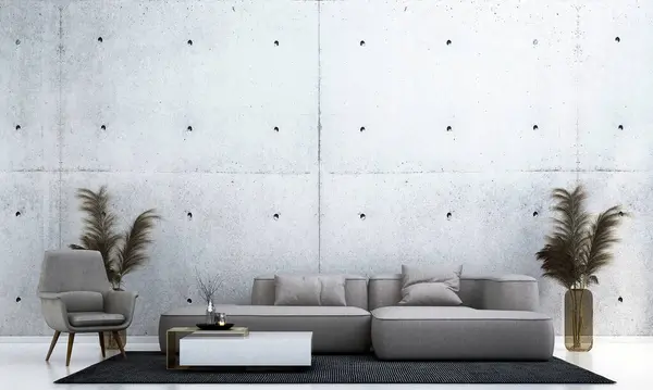 現代居心地の良いリビングルームとコンクリートテクスチャ壁の背景インテリアデザイン 3Dレンダリング ストック画像