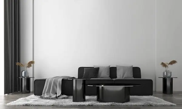 居心地の良い黒いソファセットと空白の壁の背景のリビングルームのモダンなインテリア 3Dレンダリング ストック画像