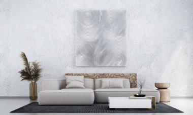 Konforlu oturma odası, beton duvar ve çerçeve arka planının modern iç tasarımı