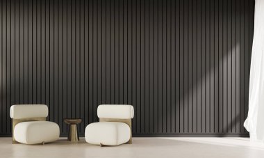 Modern iç tasarım konsepti oturma odası ve boş siyah kiremit duvar arka planı. 3d oluşturma.