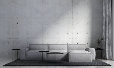 Modern iç dizayn konsepti oturma odası ve boş beton duvar arka planı ve beyaz ahşap zemin. 3d oluşturma. 