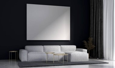 Modern iç tasarım konsepti oturma odası ve boş tuval çerçeve ve koyu mavi duvar arka planı ve beyaz ahşap zemin. 3d oluşturma. 