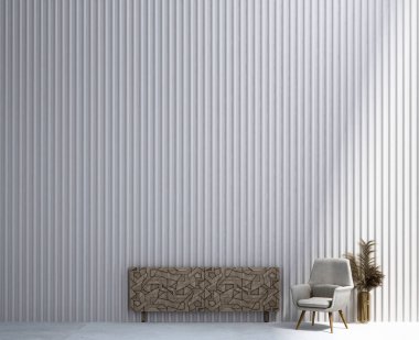 Oturma odası tasarımı ve boş beyaz fayans duvarı arka planı ve beyaz ahşap zemin. 3d oluşturma.