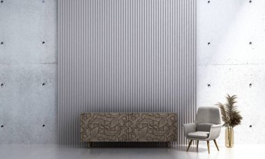 Modern asgari oturma odası tasarımı ve boş duvar arka planı ve beyaz ahşap zemin. 3d oluşturma.