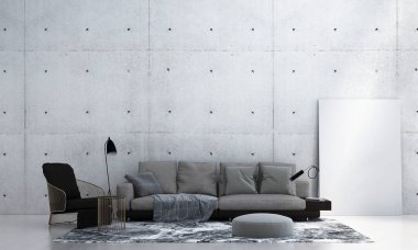 Modern çatı katı tasarımı ve boş beton duvar arka planı ve beyaz ahşap zemin. 3d oluşturma.