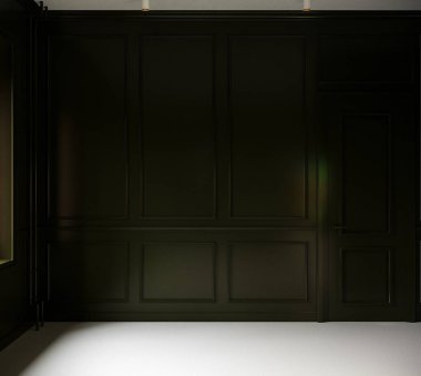 Modern oturma odası ve koyu yeşil duvar desenli arka plan tasarımı. 3d oluşturma