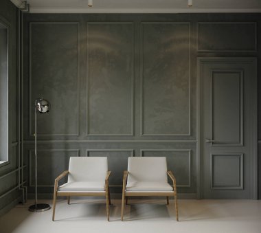 Modern oturma odası tasarımı, rahat koltuklar, mobilyalar ve klasik duvar dokusu arka planı. 3B görüntüleme.