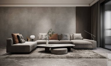 Modern oturma odasının iç tasarımı ve rahat gri kanepe mobilyaları ve beton duvar dokusu arka planı. 3B görüntüleme.