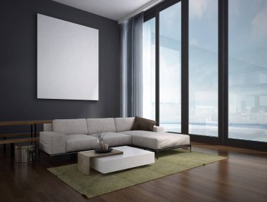 Ev ve dekorasyon ve oturma odası iç mimarisi ve siyah duvar desenli çerçeve ve deniz manzarası. 3d oluşturma