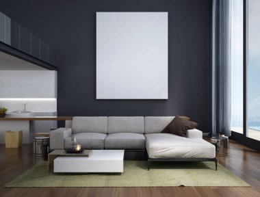 Ev, dekor ve nemli oturma odası iç tasarımı ve siyah duvar desenli arka planda tuval çerçevesi. 3d oluşturma