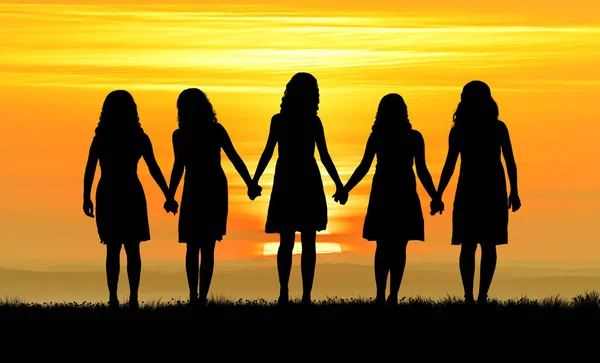 Güneş Batarken Beş Genç Kadın Ele Tutuşarak Güneşe Doğru Yürür - Stok İmaj