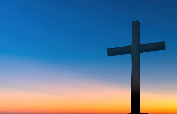 Christliches Kreuz Über Blau Und Gelb Sonnenuntergang Hintergrund — Stockfoto