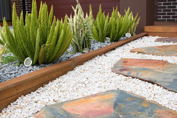 Awesome Front Yard Design Combination Plants Paving Pebble — Stock Photo, Image