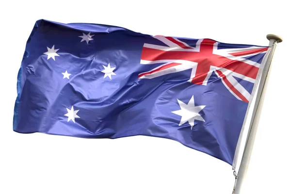 Australská Vlajka Vlaje Půvabně Větru Proti Čistému Bílému Pozadí — Stock fotografie