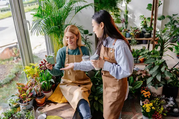 Waist up shot of two smiling gardeners looking at pot with small plant indoors while working together with lush green plants.