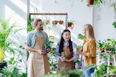 İki çiçekçiyi karşılıyoruz, mağaza içi, satıcı, müşteri, saksı bitkileri. Fabrika işi, başla. Çiçek işi konsepti.