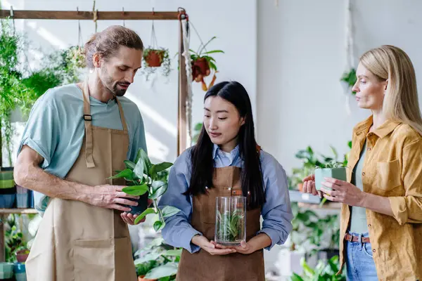 従業員 アジアの女性 白人男性は 中年の女性が自分の家のために植物を選択し 植物店の内部の花をケアする方法を説明するのに役立ちます プラント事業 スタートアップ — ストック写真