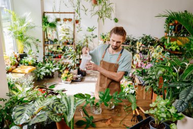 Küçük işletme girişimcisi. Üniforma giyen yetişkin bir beyaz adam yerel bitkilerle ilgileniyor şehir ormanları ve bitki yetiştirme kavramı..