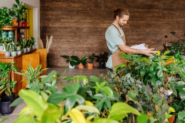 Çiçekçilik ve insan konsepti. Çiçekçide çalışan başarılı yakışıklı erkek çiçekçi önlük giyen bitkilerin listesini çıkarıyor..