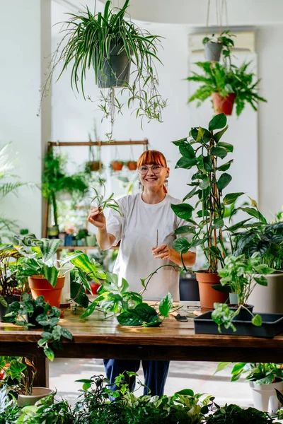 Young Caucasian Red Haired Woman Florist Plants Lover Enjoy Caring — Stock Photo, Image