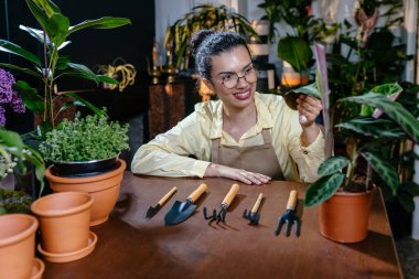 Çiçekçide çalışan kadın botanikçi çiçekçide çalışırken saksı bitkisiyle ilgileniyor. Girişimci ve meslek kavramı.