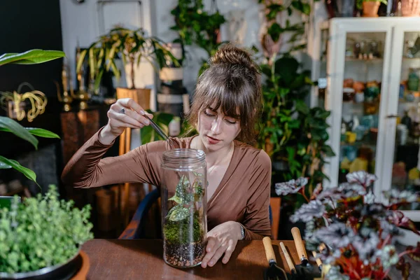 Girl seller in a plant store in her workplace takes care of a plant in a jar removes dry leaves with tweezers.
