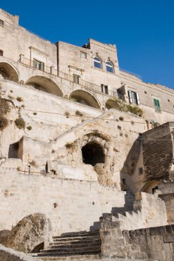 Sasso Barisano 'nun antik Matera kasabasındaki görüntüsü, İtalya' daki Basilicata