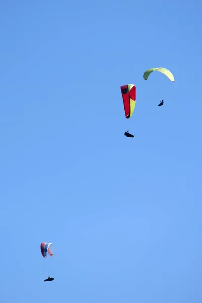 Bir Grup Paraşütçünün Uçtuğu Anın Fotoğraflı Belgeleri Mavi Gökyüzüne Savruldu — Stok fotoğraf