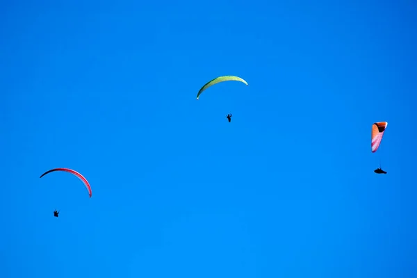 Documentación Fotográfica Del Momento Vuelo Grupo Parapentes Lanzados Cielo Azul — Foto de Stock