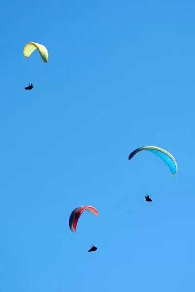 Bir Grup Paraşütçünün Uçtuğu Anın Fotoğraflı Belgeleri Mavi Gökyüzüne Savruldu — Stok fotoğraf