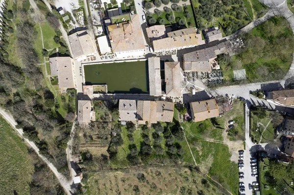 Luchtfoto Documentatie Van Het Oude Dorp Bagno Vignoni Toscane Italië — Stockfoto