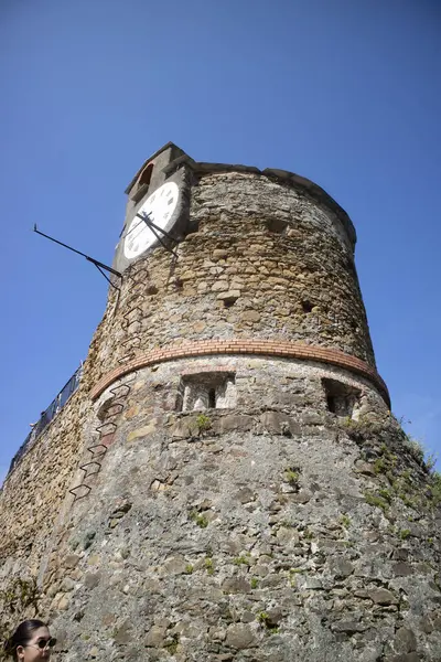 Fotografická Dokumentace Věže Hodin Hradě Riomaggiore Cinque Terre Spezia Itálie — Stock fotografie
