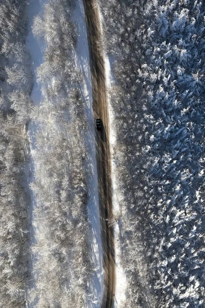 Fotograficzna Dokumentacja Lotnicza Górskiej Drogi Zimą — Zdjęcie stockowe
