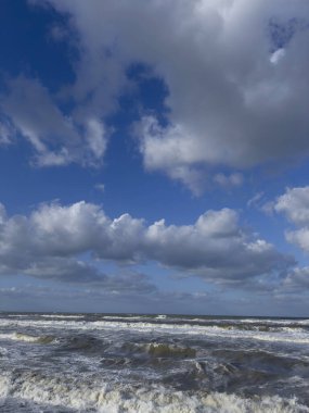 Dalgalar, canlı rüzgarlar ve mavi gökyüzünde akan beyaz bulutlarla dalgalı bir deniz günü.