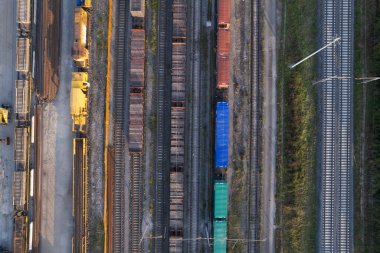 Paralel olarak dizilmiş, biraz renkli yeşil de dahil olmak üzere, birkaç vagonlu bir yük vagonunun kuş bakışı görüntüsü.. 