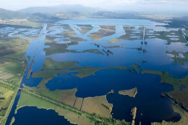 Massaciuccoli Gölü, Toskana 'yı çevreleyen sulak arazinin ayrıntılı hava manzarası kanallar, bitki örtüsü ve su kütleleri. 