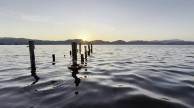 Torre del Lago Puccini 'nin kıyılarından yansıyan altın bir duygu olan Massaciuccoli Gölü' nde güneşin doğuşunun video kayıtları.. 