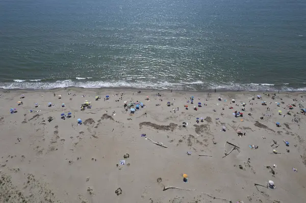 Yüzen ve renkli şemsiyeli doğal bir sahilin havadan görünüşü, yaz, özgürlük ve deniz kıyısında dinlenme.. 