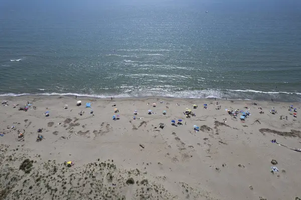 Yüzen ve renkli şemsiyeli doğal bir sahilin havadan görünüşü, yaz, özgürlük ve deniz kıyısında dinlenme.. 