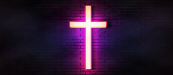 Neon横越网络横幅 明亮的基督教广泛的网络朋克背景与神圣的圣地 砖墙照明的网络灯光 — 图库矢量图片