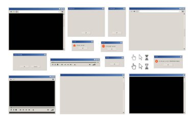 Web internet tarayıcısı, sistem diyalog kutusu, açılır pencere ve çoklu ortam oynatıcı retro kullanıcı arayüzü olarak biçimlendirildi
