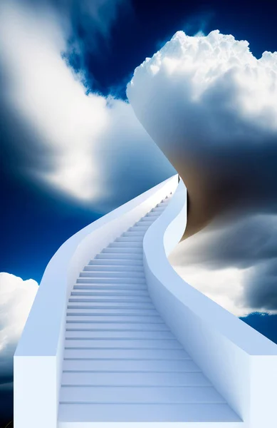 一个超现实的概念图像 白色楼梯从地面通向天空 消失在蓬松的白云中 梦想和通往成功的旅程的象征 3D渲染 — 图库照片
