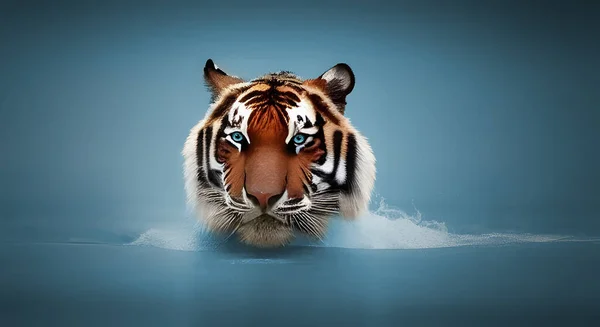 Majestuoso Tigre Con Llamativos Ojos Azules Emerge Del Agua Silencio — Foto de Stock