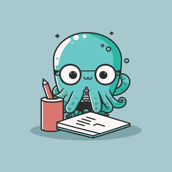 Vektor Pracující Chobotnice Úsměvem Karikatura Práce — Stockový vektor